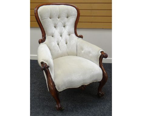 A LATE VICTORIAN MAHOGANY FRAMED BUTTON BACKED ARMCHAIR