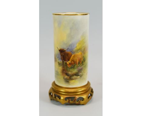 A ROYAL WORCESTER CYLINDRICAL VASE DECORATED BY HARRY STINTON with Highland cattle watering, the foot in the form of a faux-O