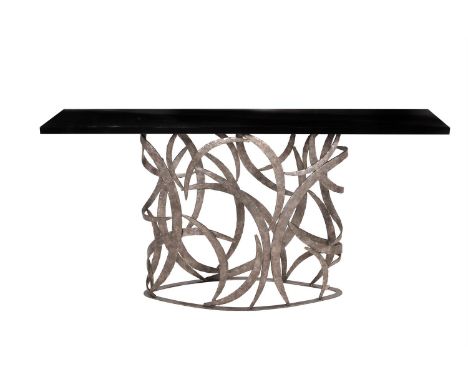 A Villiers Bros Revolution iron and black lacquered console table, 20th century, after the manner of Gilbert Poillerat, 84cm 