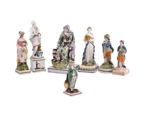 A group of seven various Staffordshire pearlware figures, various dates 18th/early 19th centuries, including a five various f