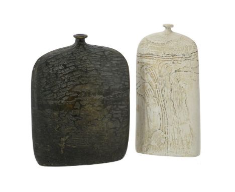 λ Two Peter Hayes studio pottery vases, raku-fired and heavily textured, both incised 'Peter Hayes', the black glazed vase 19
