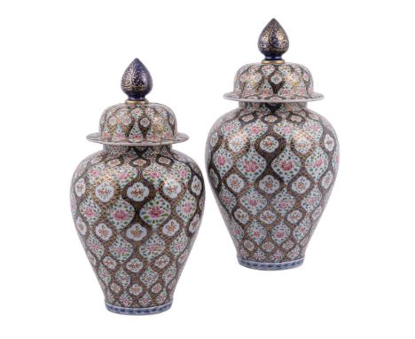 A pair of modern Chinese Export baluster vases and covers, made for the Near Eastern market, decorated in the famille rose pa