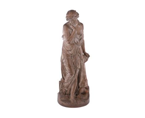 A terracotta female figure, La Cruche Casse, after Emile Joseph Nestor Carlier (1849-1927), scantily clad leaning against a p