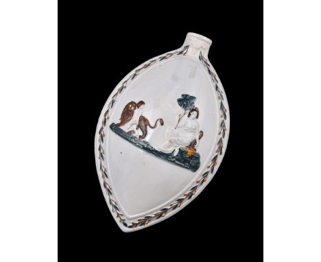 A Staffordshire pearlware commemorative spirit flask, circa 1800, painted with initials EWP, and moulded in relief to either 