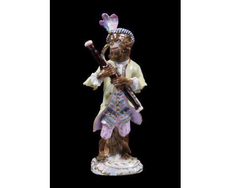 A Meissen monkey-band model of the bassoon player, late 19th century, blue crossed swords mark, incised 18, 14.5cm highCondit