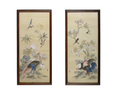 A pair of Chinese paintings, late 19th century, painted with various birds amidst flowers, ink and colour on silk, each with 