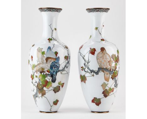 Pair of large Japanese Meiji cloisonne vases with a design of birds perched on autumnal branches against a milk white enamel 