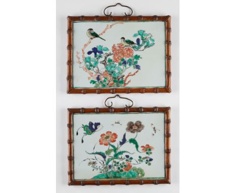 Pair of Chinese 17th or 18th c. porcelain plaques, decorated in famille verte enamels with flowering branches. One panel depi