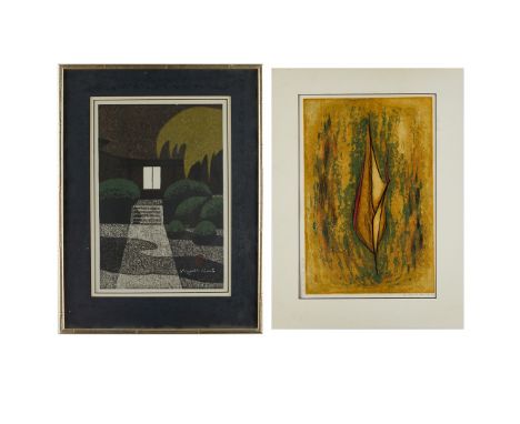 Group of two Japanese woodblock prints. Kiyoshi Saito (1907-1997). Woodblock print depicting light pouring out of an open win