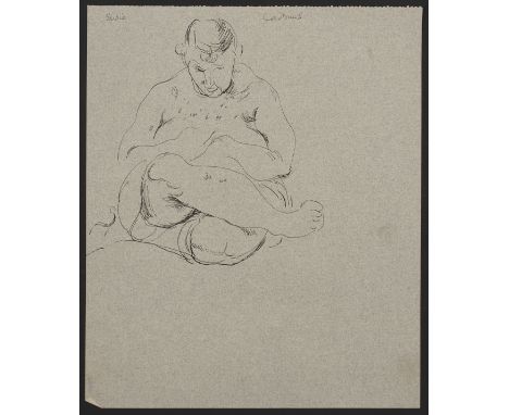 Paul Cadmus (American, 1904-1999). Ink drawing on tan paper depicting a woman with her legs crossed. Signed along the upper r