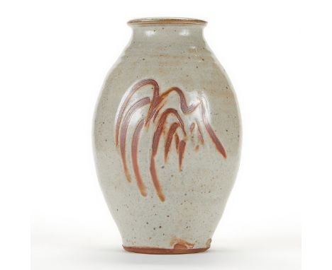 Warren MacKenzie (American, 1924-2018). Studio ceramic pottery vase. Stoneware with a white glaze with brown speckles. Decora