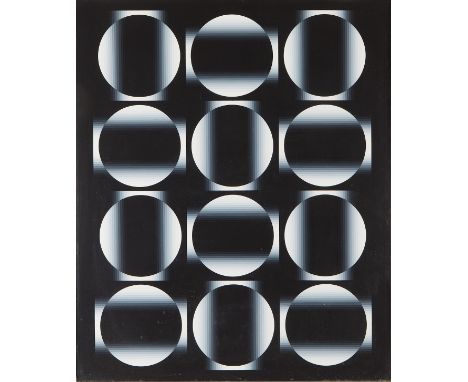 Masuho Ohno (Japanese, b. 1936). Tempera on panel depicting repeating op-art geometric forms in a grayscale pattern. Signed a
