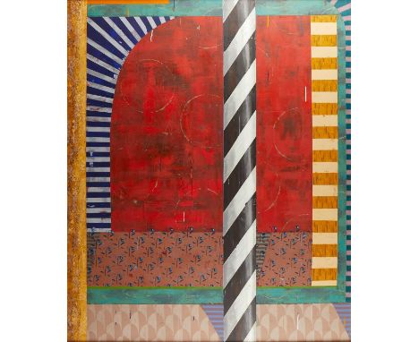 Kevin Wixted (American, b.1957). Oil, wax, and enamel on wood painting titled "Realm of Time," 1994. The work depicts a black