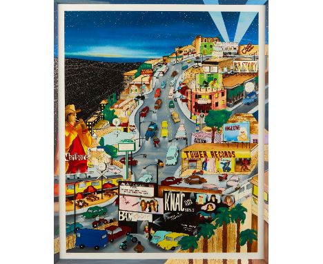 Linnea Pergola (American, b. 1953). Serigraph on paper titled "Sunset over Sunset" depicting the shimmering streets of Los An