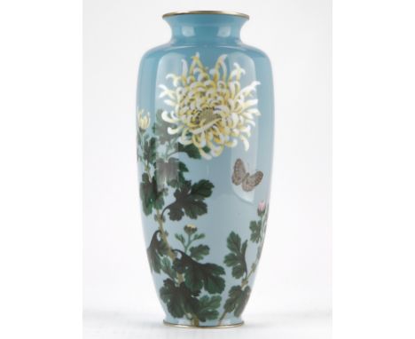 Japanese Meiji or Taisho cloisonne baluster vase with a blue ground. Decorated with a blooming chrysanthemum and a butterfly.