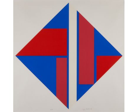 Ilya Bolotowsky (Russian/American, 1907-1981). Silkscreen on paper depicting two blue and red triangles in a diamond formatio