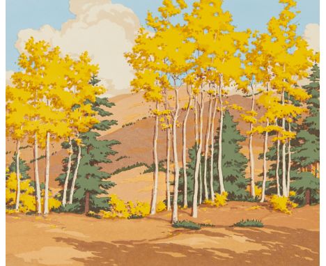 Norma Bassett Hall (1889-1957). Serigraph on paper titled "Aspen and Spruce," depicting a grove of aspen and spruce trees aga