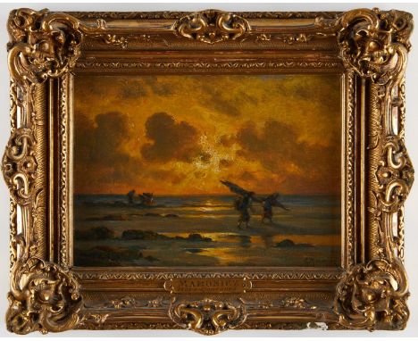 Georges Maroniez (French, 1865-1933). Oil on board painting depicting a group of women working on the seaside at sunrise. The