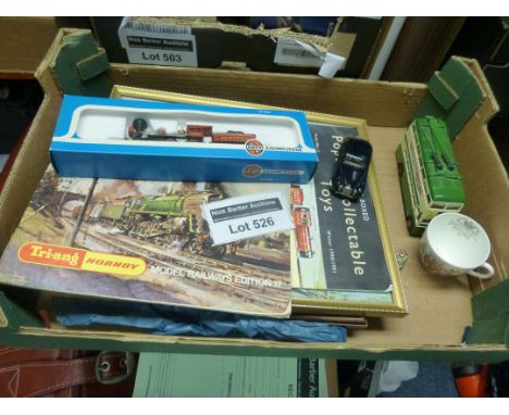 Collectables : Framed prints incl Pissarro and Airfix train engine, plus Gems & Cobwebs die-cast, plus other items in box.