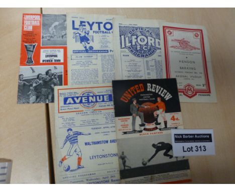 Football : Mostly non-league progs, incl @ Arsenal - Hendon v Barking 1948, Leyton, Ilford, Man Utd v Ipswich 57/58 (5) good 