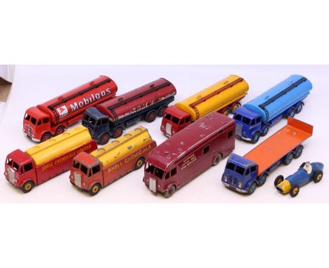Dinky: A collection of nine assorted playworn Dinky vehicles to include: Regent, Mobilgas and others. Some have been repainte