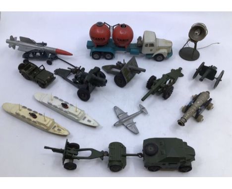 Diecast: A collection of assorted diecast vehicles to include Dinky and Britains military. Please study pictures.