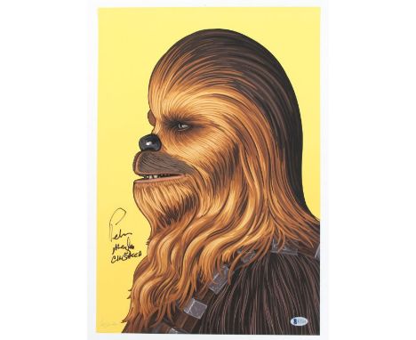 Star Wars: A limited edition Star Wars, Chewbacca portrait print, signed by Peter Mayhew. No. 214/1295. Measuring approx. 49c