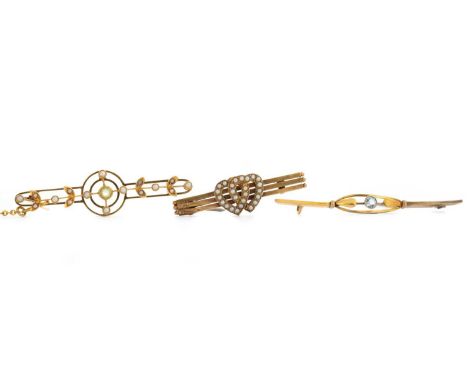 COLLECTION OF BAR BROOCHES AND A STICK PIN, one marked 15ct, the others unmarked