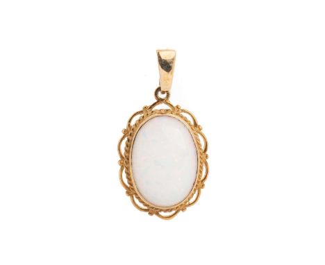 OPAL PENDANT, the oval stone in a gadrooned and pierced border, in nine carat goldQty: 3.75gGenerally worn. Opal in fair cond