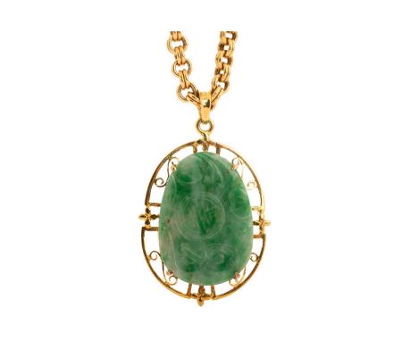 CARVED JADE PENDANT ON CHAIN, carved with floral and other decoration, marked 14K, on a nine carat gold chainQty: 19.9g