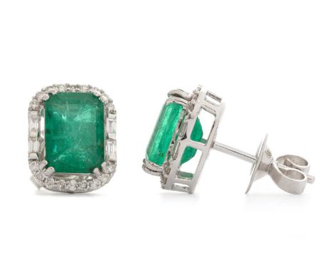 PAIR OF EMERALD AND DIAMOND CLUSTER EARRINGS, set with step cut emeralds totalling approximately 3.80 carats, within diamond 