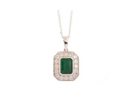 EMERALD AND DIAMOND PENDANT, set with a step cut emerald to a diamond panel totalling approximately 0.63 carats, in eighteen 