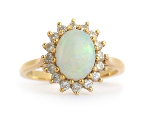 OPAL AND DIAMOND CLUSTER RING, IN EIGHTEEN CARAT GOLD  set with a central opal within a diamond halo, size M 1/2Qty: 4.6g