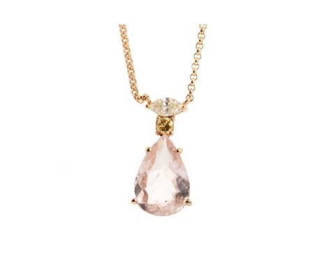 MORGANITE AND DIAMOND PENDANT, set with a pear shaped morganite beneath a round brilliant cognac diamond and a marquise diamo