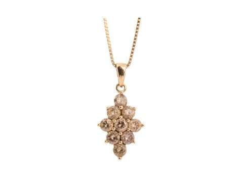 DIAMOND PENDANT ON CHAIN, set with nine round brilliant cut diamonds in a marquise form, in nine carat gold and on a fine bel