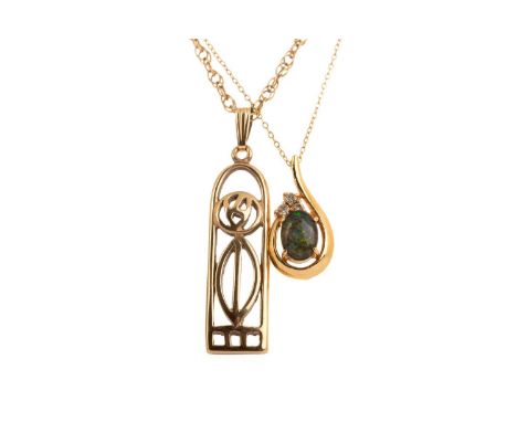 MAJEX GOLD WATCH PENDANT, ALONG WITH TWO OTHER PENDANTS ON CHAINS,  including an opal doublet pendant and a Rennie Mackintosh