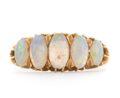 OPAL FIVE STONE RING, set with a row of oval stones, in eighteen carat gold, size KQty: 4.14g