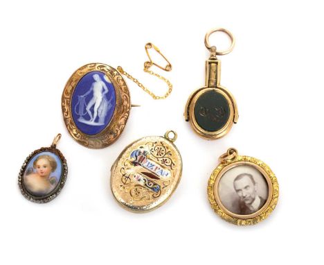 ENAMELLED OVAL LOCKET, ALONG WITH A BROOCH AND THREE PENDANTS  the gold back and front locket with enamelled decoration inscr