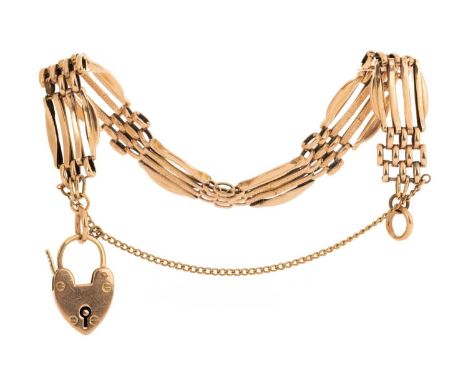 TWO GOLD GATE BRACELETS, one marked for nine carat gold, the other unmarked, each with nine carat gold heart shaped padlock c