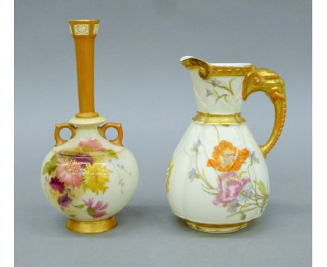 A Royal Worcester blush ivory porcelain vase and a jug. The former 18.5 cm high.