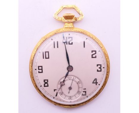 An 18 K gold slim line pocket watch. 4 cm diameter. 37 grammes total weight. 