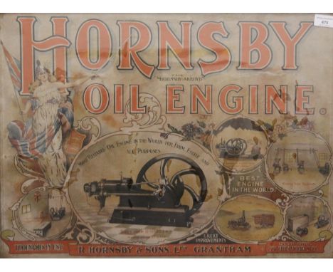 A framed Hornsby Oil Engine poster. 77 x 60 cm overall.