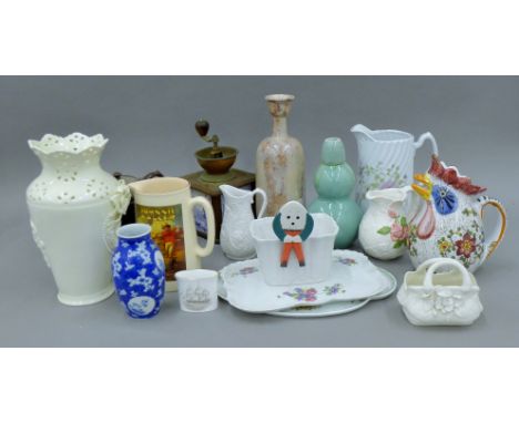 A quantity of various decorative porcelain etc including jugs, plates, coffee grinder, vases, pestles and mortars and a horse