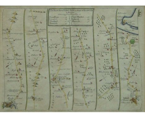 An 18th century road map of Cambridge to Kings Lynn, together with two other maps. Each framed and glazed. The former 12.5 x 