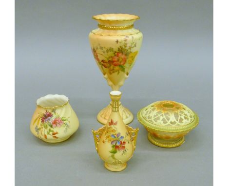 Three Royal Worcester blush ivory porcelain vases and a pot pourri pot. The largest 19.5 cm high.