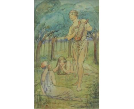 K MAIDMENT, 'The Lyre Player', watercolour, signed and dated 1923, framed and glazed. 18 x 30 cm.