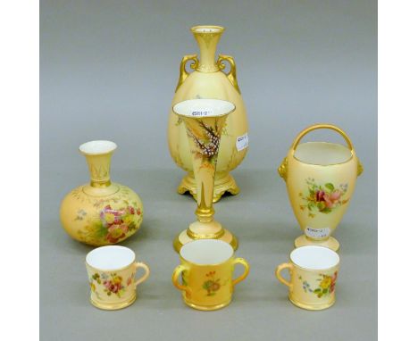 Four Royal Worcester blush ivory porcelain vases, two miniature tankards and a miniature tyg. The largest 19 cm high.
