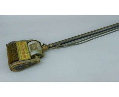 A vintage Johnson's Wax Electric Floor Polisher and a JP Maxees lawn mower with extra cartridge. The former 145 cm high, the 