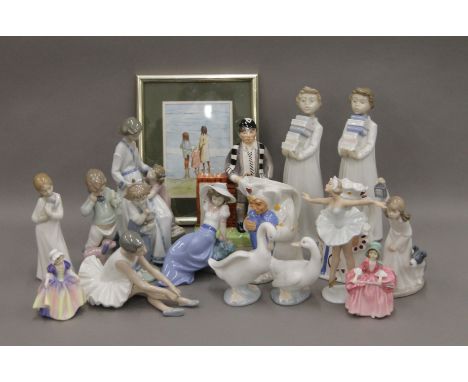 A box of various porcelain ornaments, including Lladro, Nao, Royal Doulton and a watercolour by Gordon Simpson. The latter 22