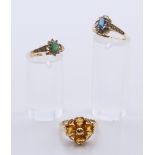 Three various 9 ct gold rings. 7.8 grammes total weight.